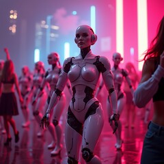 futuristic woman white black suit futuristic design she standing center facing camera serious expression her face background several women similar suits whom appear dancing performing room dimly lit