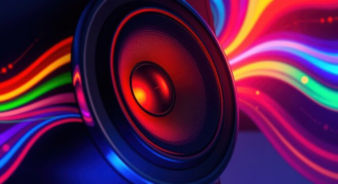 A vibrant speaker pulsating with energy, surrounded by colorful waves in a dark, modern setting.