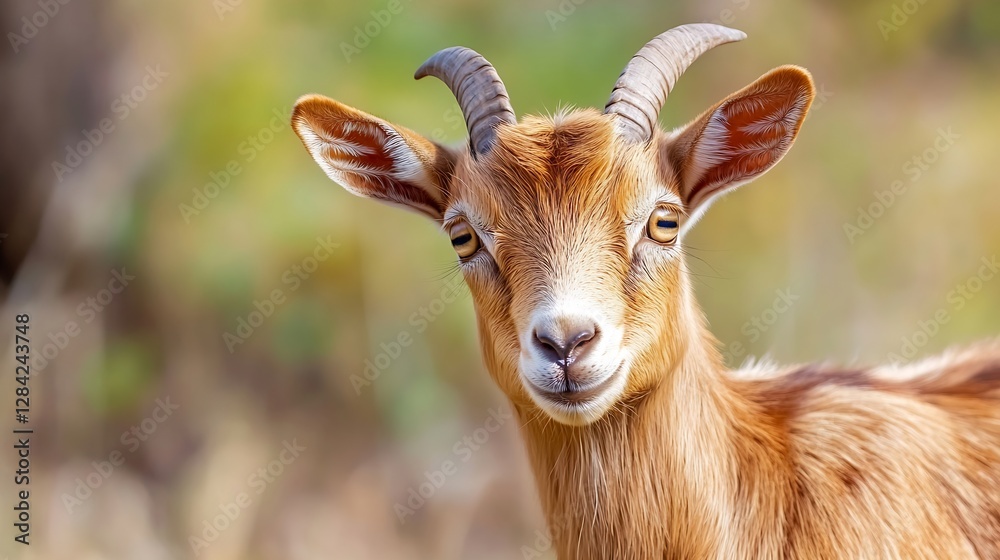 Poster Charming goat with curly horns and a gentle expression grazing in a lush natural setting : Generative AI