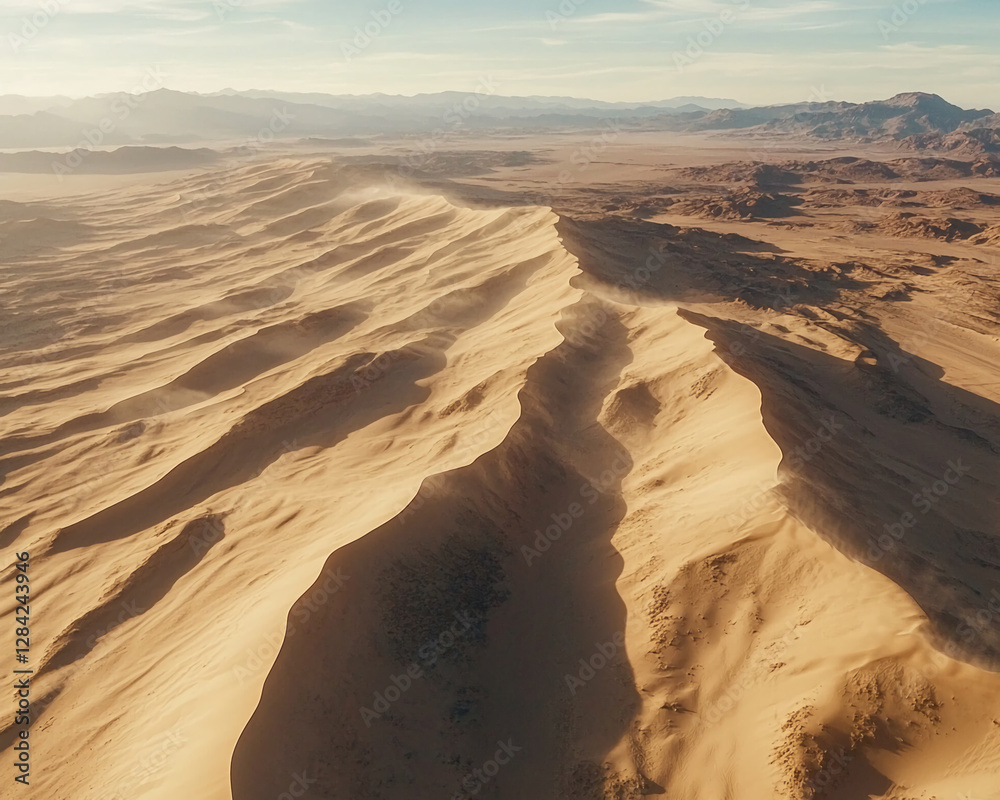 Poster aerial view of expansive desert dunes, showing smooth, flowing sand formations and rugged terrain, s