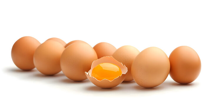 Fresh brown eggs arranged in a line, cracked egg with yellow yolk, high quality image, perfect egg photography