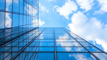 Obraz premium Modern Glass Skyscraper with Reflective Facade Against a Bright Blue Sky : Generative AI