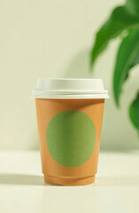 Coffee cup with green label on a table surrounded by a plant, showcasing a minimalist design and eco-friendly concept