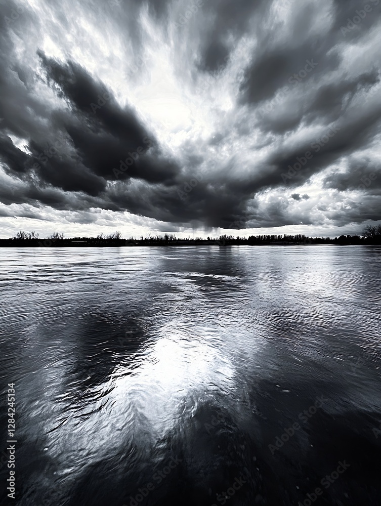 Poster dramatic sky filled with dark clouds reflecting on still water under moody atmosphere : generative a