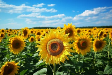Fototapeta premium Vibrant Sunflower Field Under a Bright Blue Sky and Fluffy White Clouds on a Sunny Day