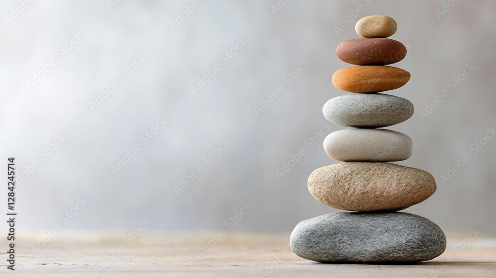 Poster balanced stone tower with natural earthy tones and soft background for mindfulness and tranquility :