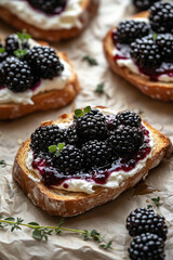 Close-up photo of a rustic blackberry and cream cheese toast, featuring a thick slice of artisanal golden-brown bread with a crispy crust.  