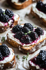 Close-up photo of a rustic blackberry and cream cheese toast, featuring a thick slice of artisanal golden-brown bread with a crispy crust.  