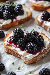 Close-up photo of a rustic blackberry and cream cheese toast, featuring a thick slice of artisanal golden-brown bread with a crispy crust.  