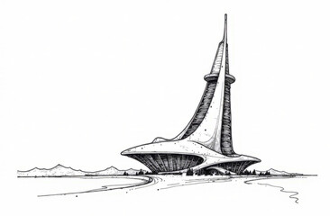 Futuristic architectural design featuring a towering structure with sleek lines and organic shapes, representing innovation and modernity in urban landscapes concept