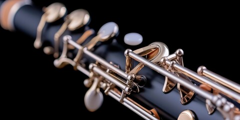 Closeup of a beautifully crafted woodwind instrument with intricate keys and elegant design against a dark background