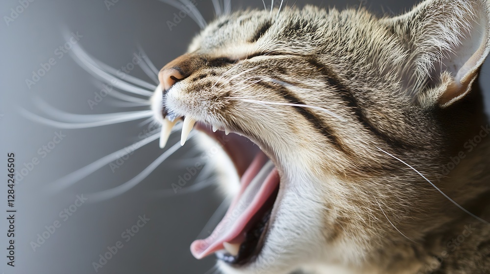 Poster Close up of a yawning tabby cat displaying its teeth and whiskers in soft natural light : Generative AI