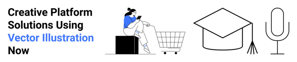 Woman sitting on a box using smartphone, shopping cart, graduation cap, and microphone. Ideal for e-commerce, education, audio media, online services, technology communication flat landing page