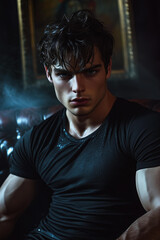 Obraz premium close-up photo of a mysterious, brooding young man with a chiseled jawline, intense dark eyes, and tousled, wet black hair. He is seated in a dimly lit, vintage leather armchair