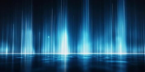 futuristic abstract composition with vertical blue and white light beams reflected on a glossy surface