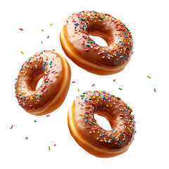 Three Glazed Donuts with Sprinkles Falling on Transparent Background for Bakery Advertising, Sweet Treat Branding, or Dessert Illustrations