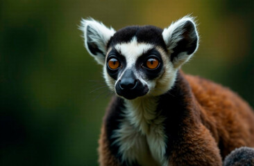 Obraz premium Curious lemur gazing intently with striking features and vibrant eyes, showcasing its unique fur patterns in a natural setting, wildlife photography concept