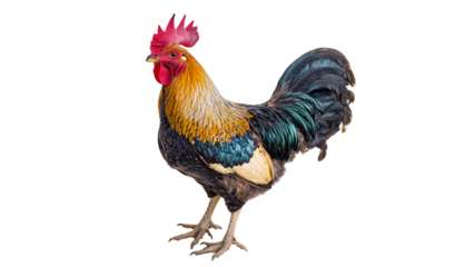 Colorful rooster stands proudly in a relaxed pose