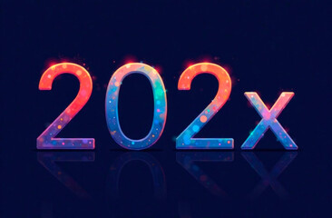 Colorful 202x Number Design with Bright Lights and Reflections on Dark Background for New Year Celebration Concept