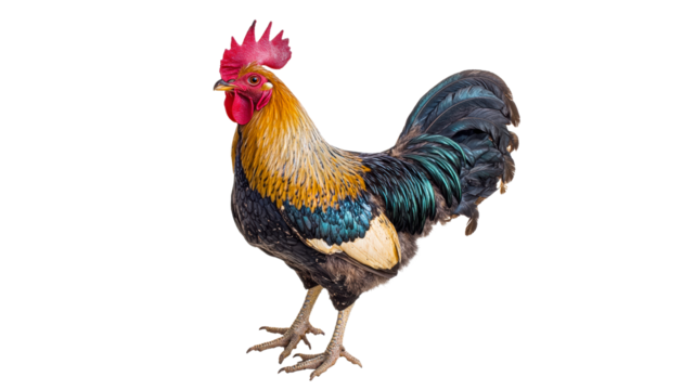 Colorful rooster stands proudly in a relaxed pose