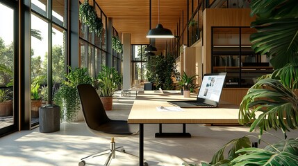 Fototapeta premium Sleek Office with Natural Light and Greenery