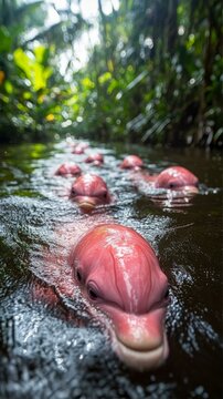 Amazon River Pink Dolphins Emerging in Murky Waters Amidst Lush Greenery of the Rainforest Habitat