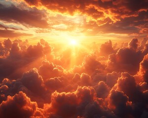 Fototapeta premium Aerial sunset, fiery clouds, divine light