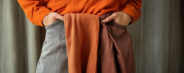 Fashionable outfit with orange top and gray pants featuring colorful cloth accents