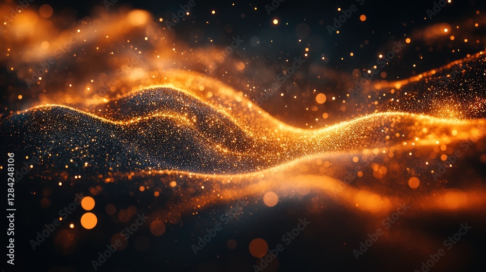 Wall mural abstract golden particle waves in dark background with glowing bokeh