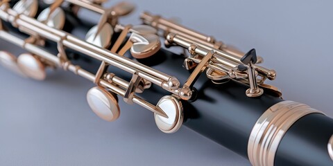 Obraz premium Exquisite closeup of a detailed woodwind clarinet showcasing elegant keys and gleaming finishes