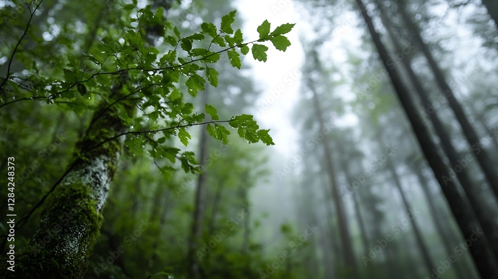 Poster lush green leaves and towering trees in misty evergreen forest : generative ai