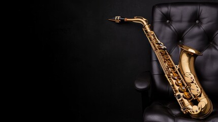 Elegant golden saxophone resting on a stylish black chair against a dark background for music and jazz themes