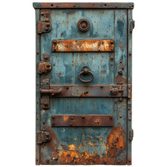 A corroded metal door with a rusty handle isolated on white background.PNG