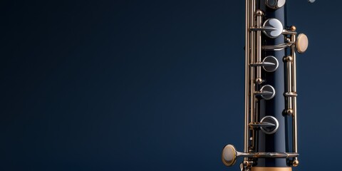 Obraz premium Closeup of a detailed woodwind instrument with elegant keys against a dark background for musical themes