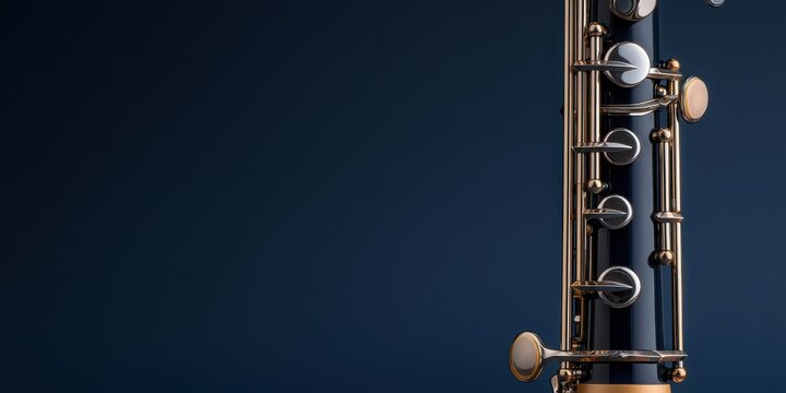 Closeup of a detailed woodwind instrument with elegant keys against a dark background for musical themes
