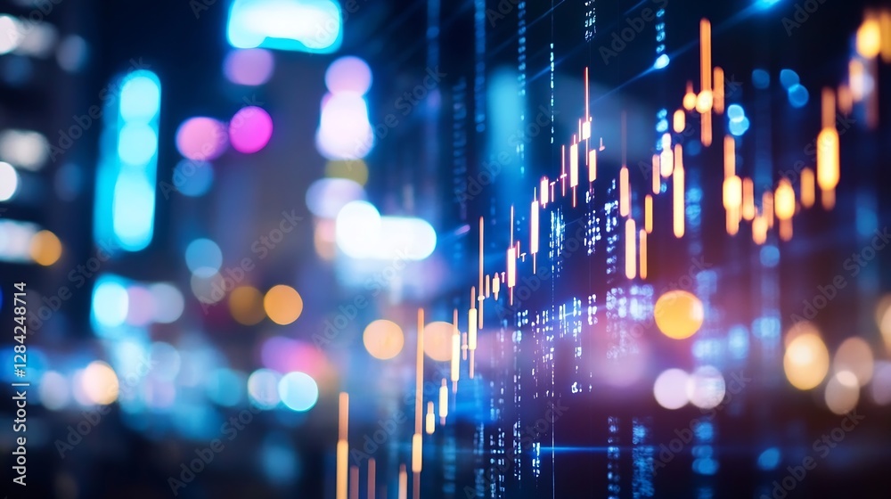 Poster Dynamic Financial Chart Displaying Data Trends with Blurred City Lights Background : Generative AI