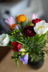 flowers close-up. Decoration of roses, flowers and ornamental plants, close-up, selective focus, nobody, objects. luxury artificial bouquet of colorful flowers for banner.
