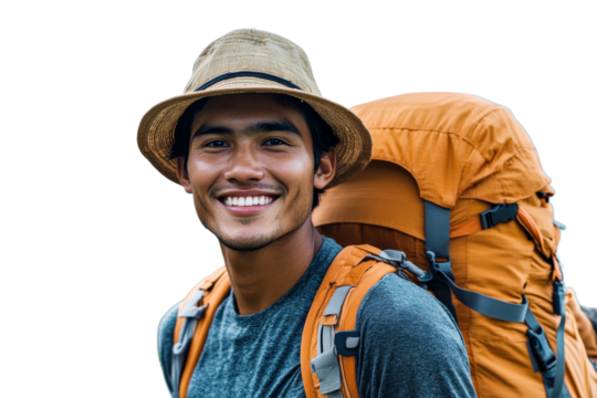Smiling hiker with an orange backpack outdoors