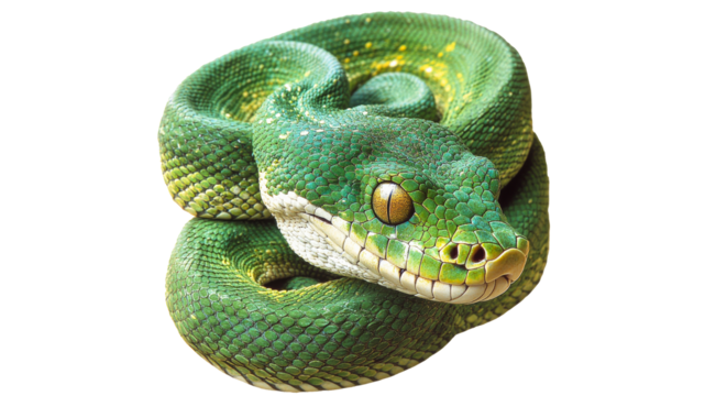 Green python resting on a branch in the forest