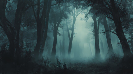 A fog-enshrouded forest with towering, dark-brown trunks emerges mysteriously from the misty undergrowth, inviting exploration. Misty Forest of Whispers. Illustration
