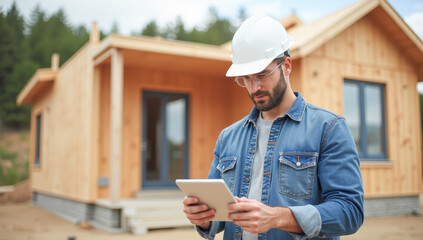 A foreman in a white helmet looks at a tablet against the background of a wooden house under construction