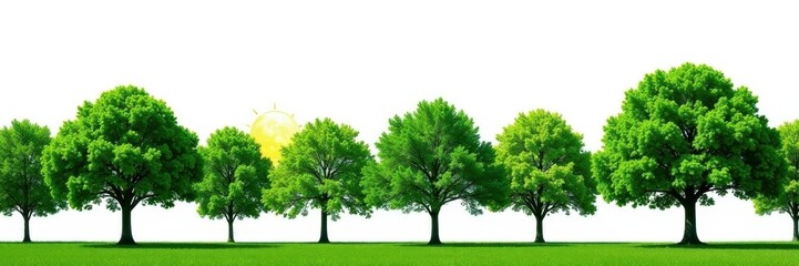 Obraz premium Lush green trees in a vibrant row against a bright white sky , greenery, botany, backdrop