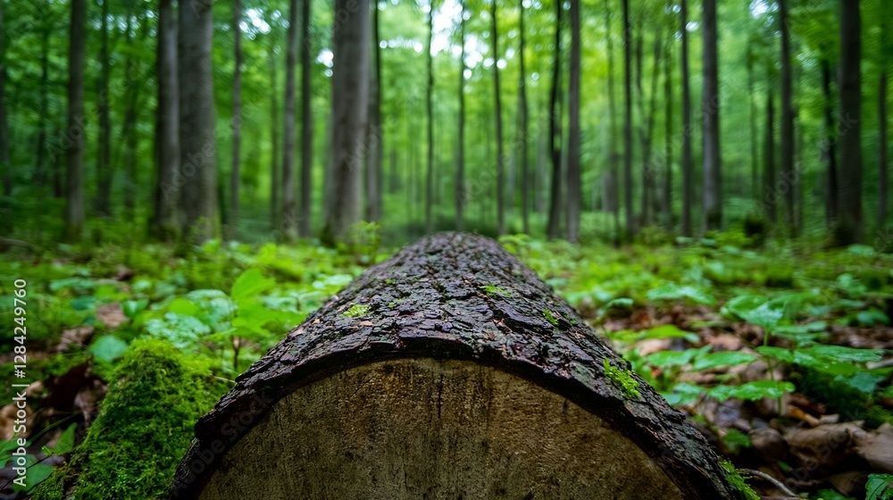 Poster Closeup of freshly cut tree log surrounded by lush green forest floor creating a natural and serene atmosphere : Generative AI