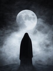 A mysterious and artistic representation of a cloaked figure under a full moon surrounded by ethereal fog : Generative AI