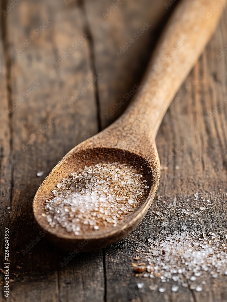 Poster Close up view of brown sugar in a wooden spoon on rustic table setting : Generative AI