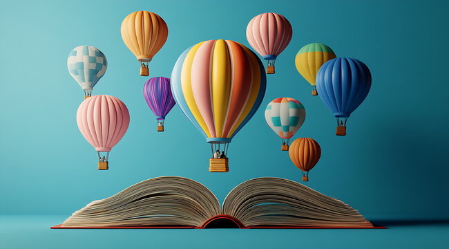 3D illustration of an open book with a colorful hot air ballon