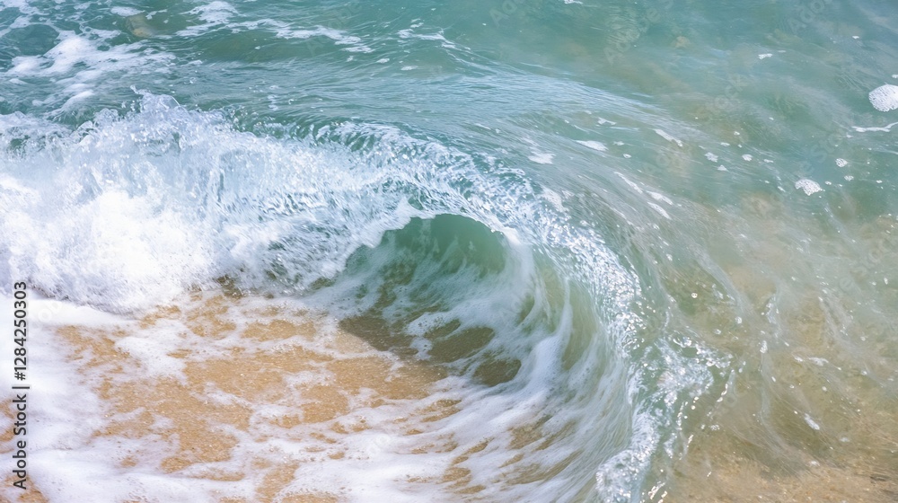 Poster vibrant ocean wave curling and crashing onto sandy beach creating foam and splashes : generative ai