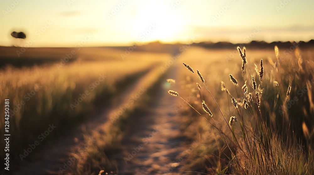 Poster golden hour in a field with soft sunlight casting a warm glow on tall grasses : generative ai