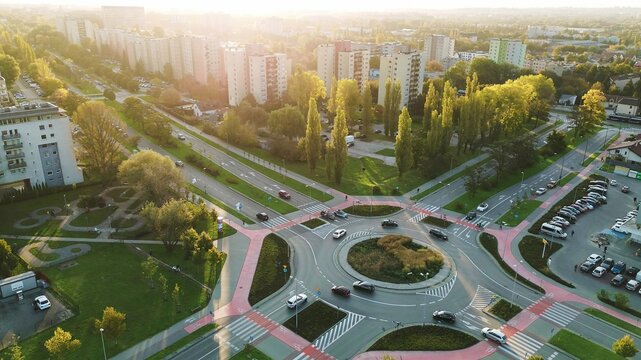 Urban landscape with roundabout and green areas