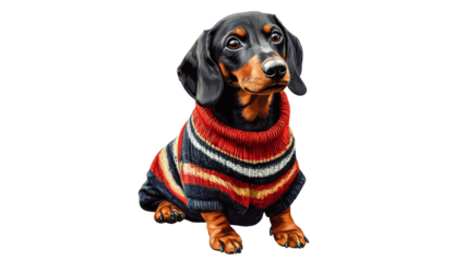 Cute dachshund wearing a colorful knitted sweater